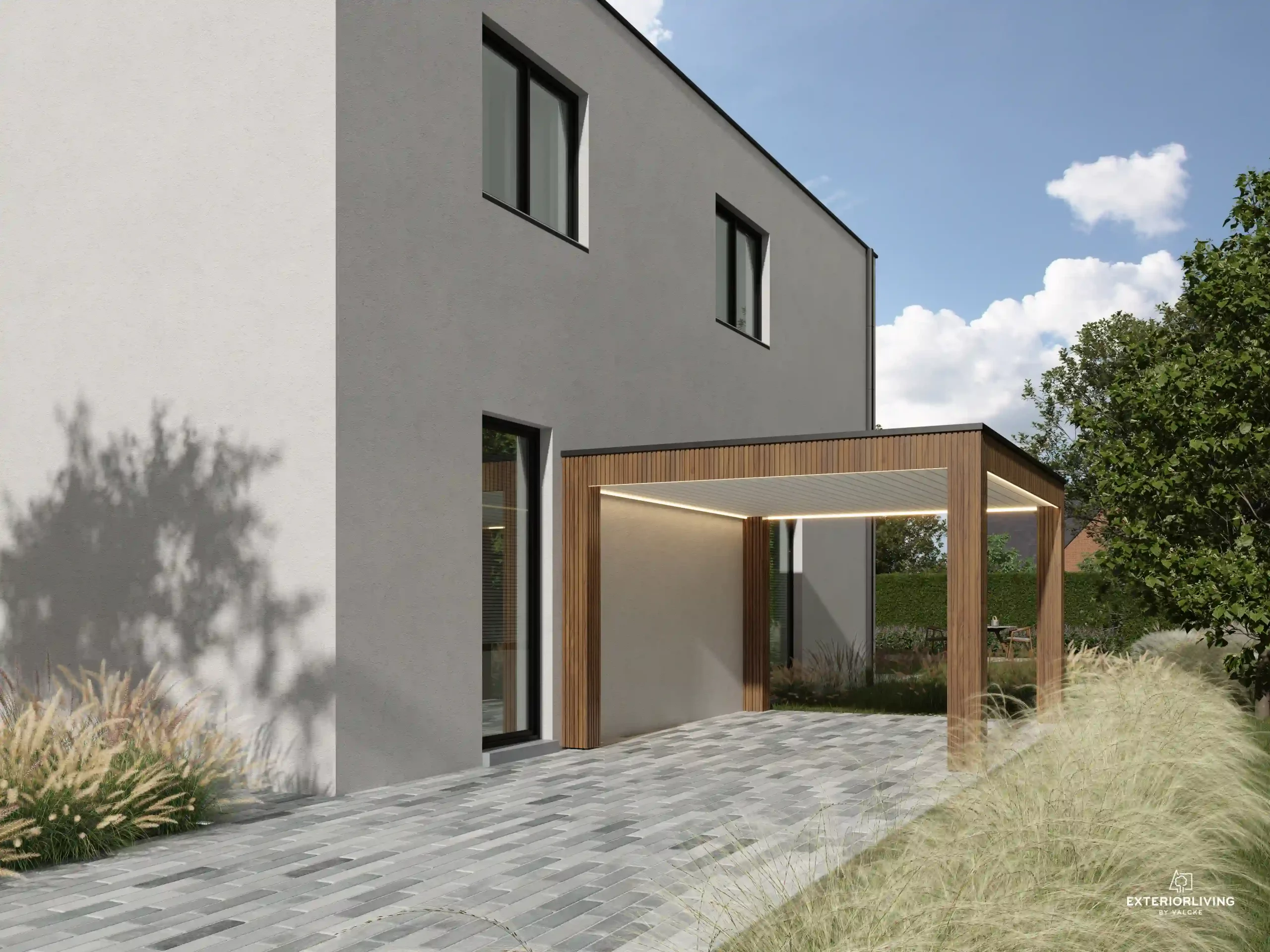 Carport bois avec pergola attenante