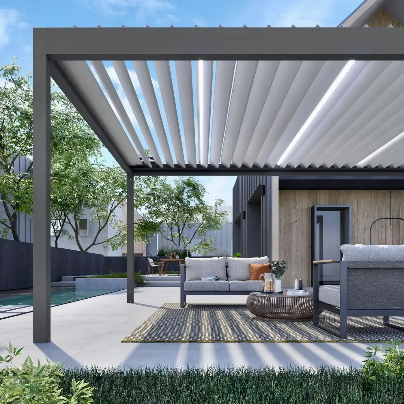 Pergola bioclimatique orientée sud dans le canton de Vaud