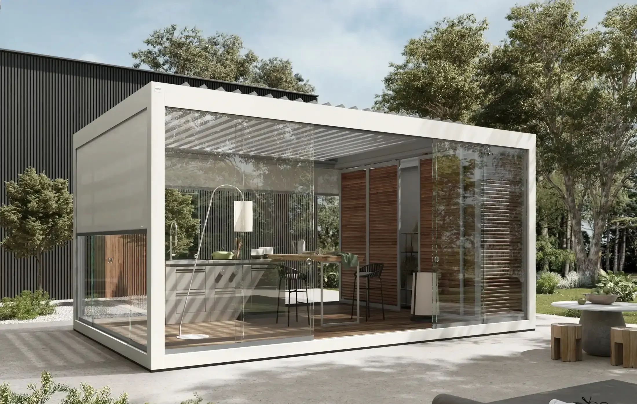 Pergola bioclimatique ultra premium – vitrages, ZIP, LED